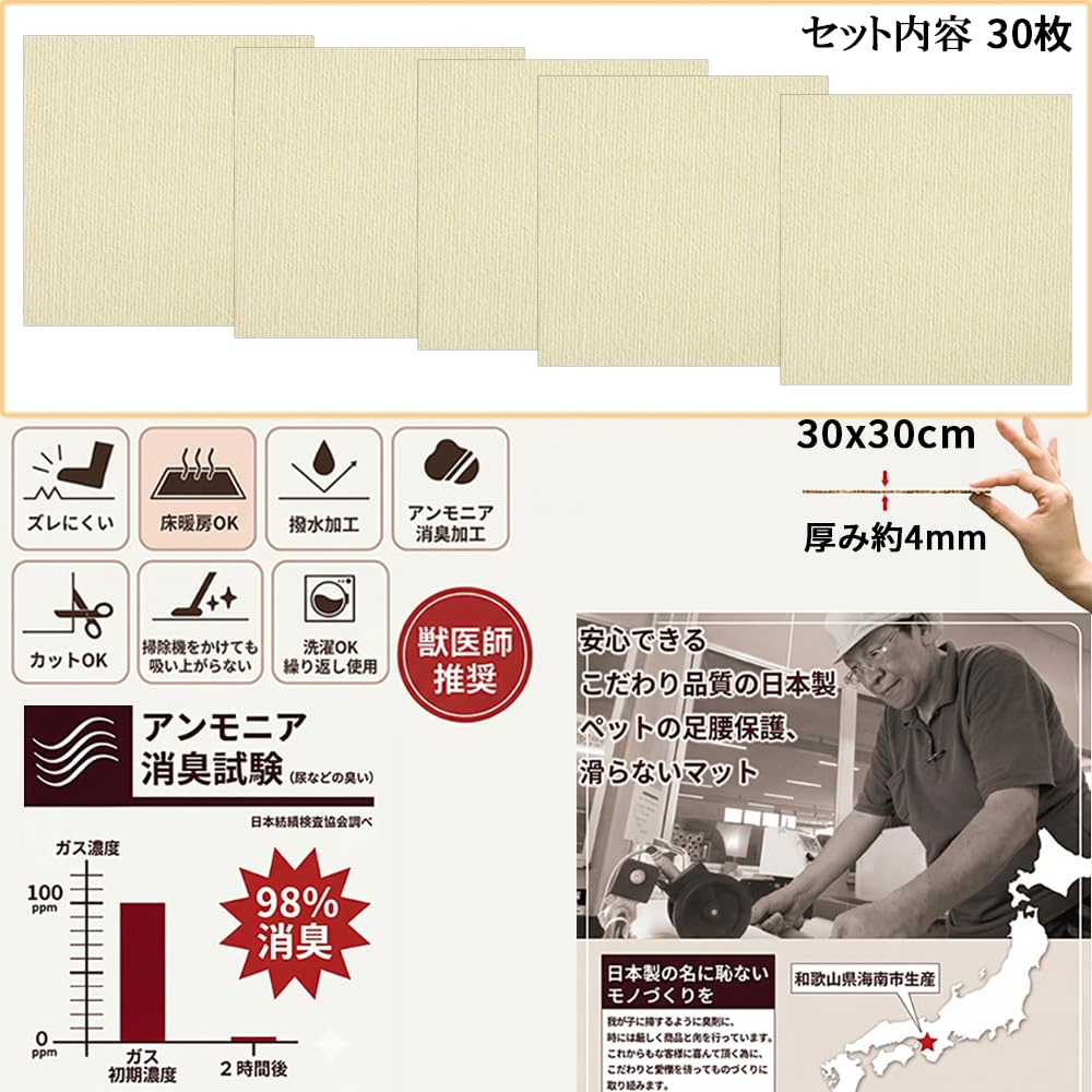 滑り止めタイルカーペット30枚セット - 30x30cm タイルカーペット 30×30cm/厚み4mm 30枚組 吸着 タイルマット 洗濯機で